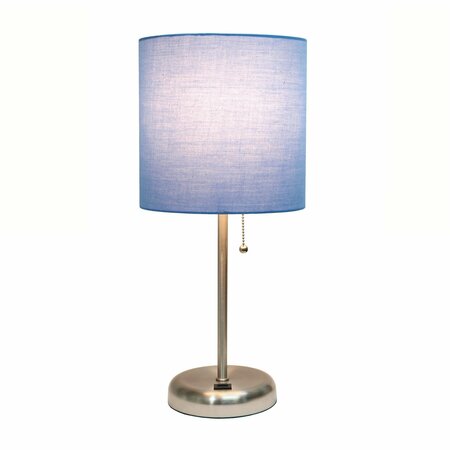 Creekwood Home Oslo 19.5in Contemporary USB Port Feature Metal Table Lamp, Brushed Steel, Blue Drum Fabric Shade CWT-2012-BL